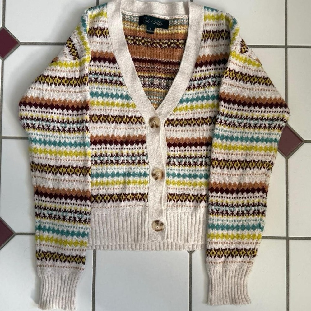 Cottagecore Multicolor Zig Zag Fair Isle Striped Knit Cropped V-Neck Cardigan M - Picture 2 of 7